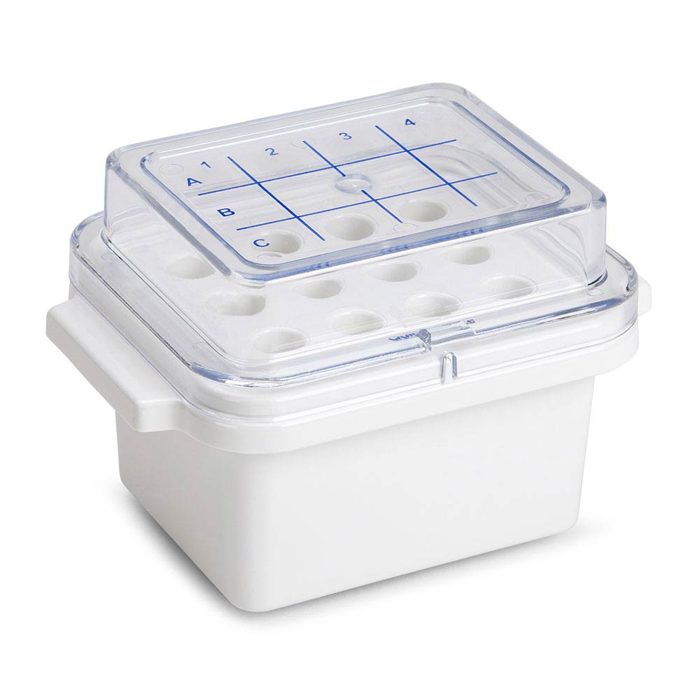 Globe Scientific CryoCool Mini Cooler, Quick Freeze, 12-Place (3x4) for 1.5mL Tubes, White Cooler; Chiller; polycarbonate cooler; cryogenic cooler; Rapid Chiller